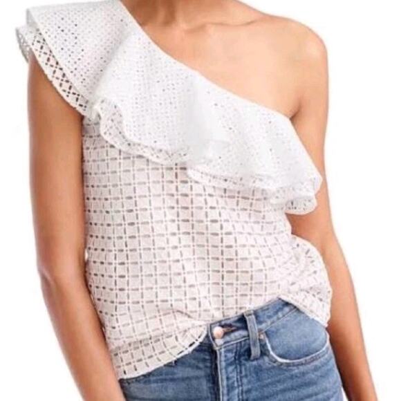 J Crew One Shoulder Ruffle Eyelet Top sz 6 White Cotton Nude Lining Boho Fairy - Picture 1 of 13